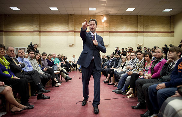 Campaigning with Clegg: Nick Clegg speaks at the Life Church in Burnley, Lancashire