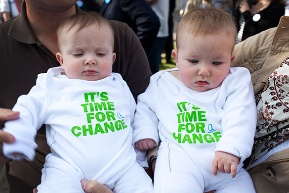 Cameron campaign trail: Twins toddlers wearing 'Its Time For Change' babygrows