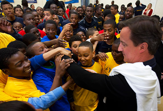 Cameron campaign trail: David Cameron meets children from Greenhouse Bethwin SE Football Club
