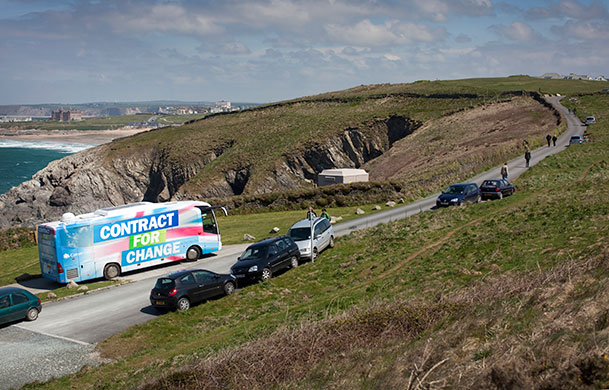Cameron campaign trail: The Conservative battle bus at Lewinnick Lodge in Newquay, Cornwall