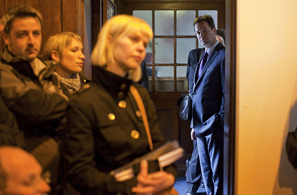 Campaigning with Clegg: Nick Clegg waits to take the floor at the Cotham Memorial Hall in Redcar