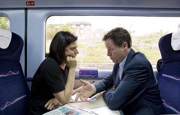 Campaigning with Clegg: Nick Clegg and his wife Miriam Gonzalez Durantez on the train to Wells