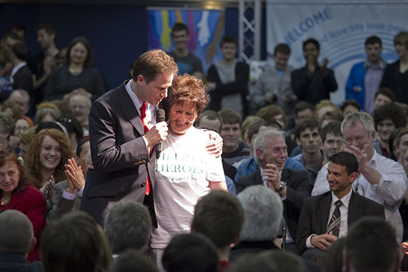 Campaigning with Clegg: Kay Cummins is embraced by Nick Clegg at a meeting in Liverpool