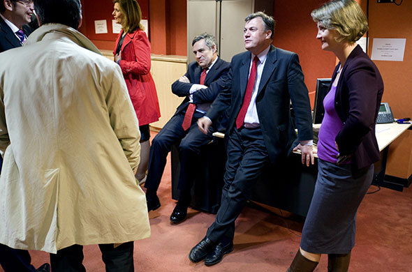 Martin Argles with Labour: Gordon Brown relaxes with Ed Balls after a rally at Granada Studios