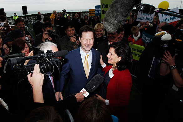 Daily election: Nick Clegg and wife Miriam after a rally in Eastbourne in southern England