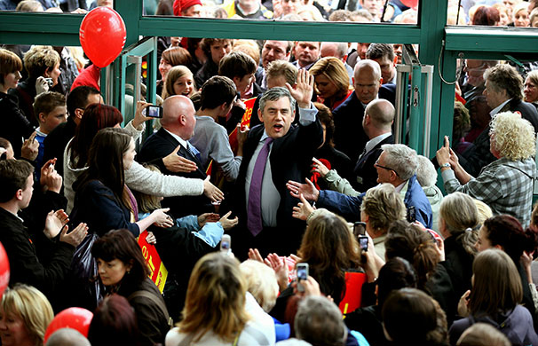 Daily election: Gordon Brown and his wife Sarah visit a shopping centre Skelmersdale