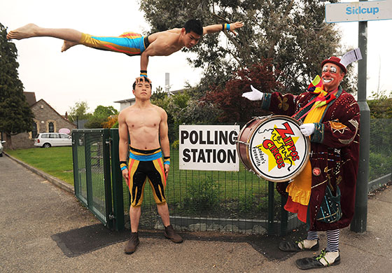 Voting Gallery: Artists from Zippos Circus, at polling station in Sidcup, Kent