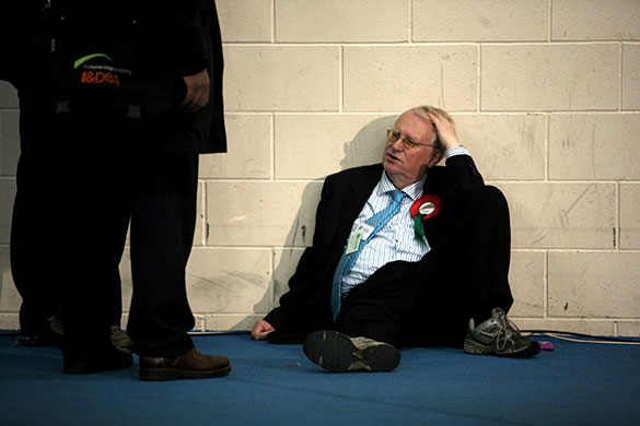 Election results night: A supporter of the Alliance for Green Socialism at Morley and Outwood count