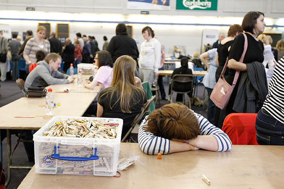 day after election night: A woman at the count for the Sheffield Hallam constituency