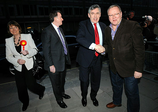 day after election night: Prime Minister Gordon Brown returns to Labour Party Headquaters