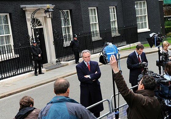day after election night: Television journalists outside 10 Downing Street
