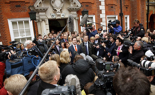 day after election night: Nick Clegg makes a statement outside the Liberal Democrat headquarters