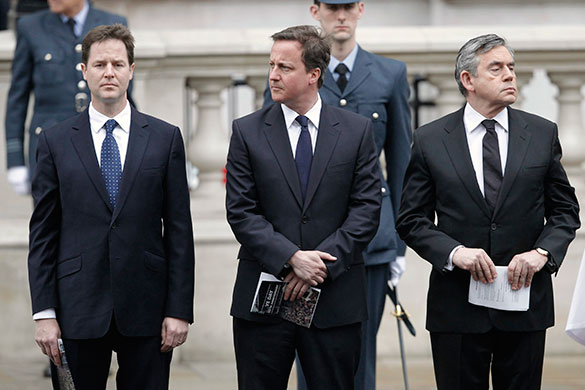 Saturday Politics: Gordon Brown stands with David Cameron and Nick Clegg at VE day ceremony 