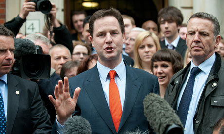 Liberal Democrat leader Nick Clegg addresses media