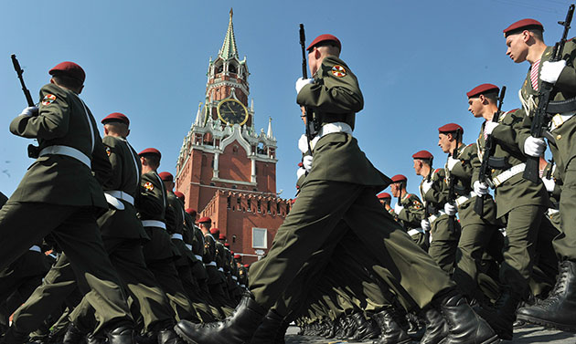Victory parade: Russian soldiers march through Red Square during the Victory Day parade