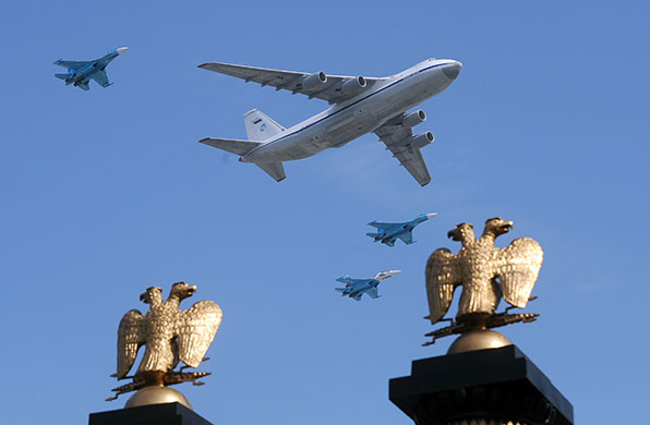 Victory parade: A Russian Il-80 plane and MiG-29 fighter jets fly over Red Square 