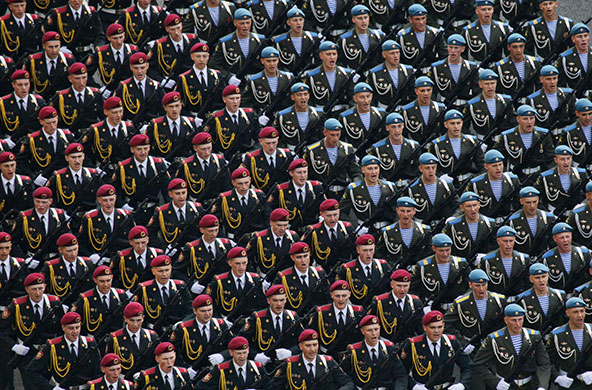 Victory parade: Russian soldiers, right, and Ukrainian soldiers, left, march