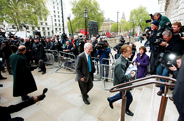 Hung parliament talks: Liberal Democrat education spokesman David Laws, right, arrives