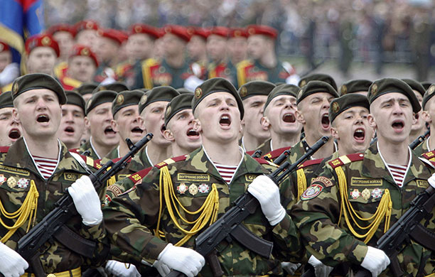 Victory day celebrations: Belarussian servicemen march during a military parade in Minsk