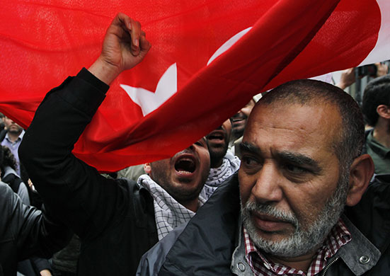 Israel protests: Demonstrators hold Turkish flags outside Belgian foreign affairs building