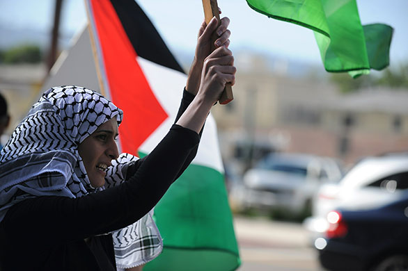 Israel protests: A demonstrator protests against the Israeli commando raid in Los Angeles