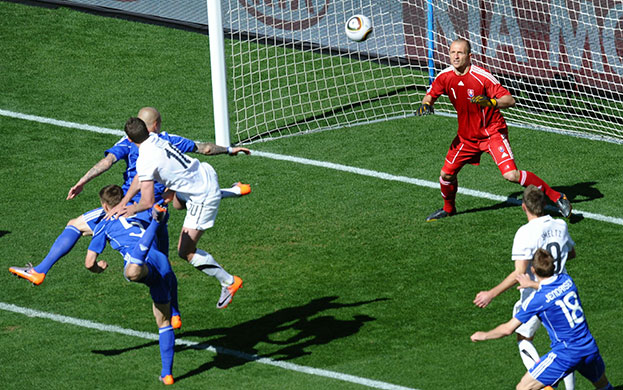 footy: Slovakia's goalkeeper Jan Mucha (up) eye