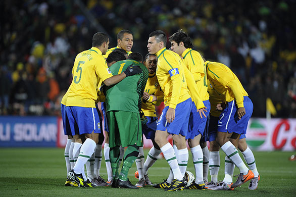 Brazil v North Korea: Brazil team huddle before kick off 