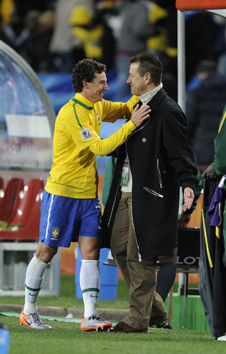 Brazil v North Korea: Elano celebrates with Dunga