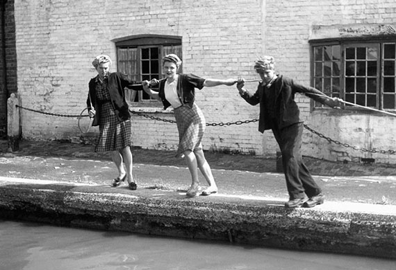 Longden's Canals: Three young adults pulling on a tow-rope 