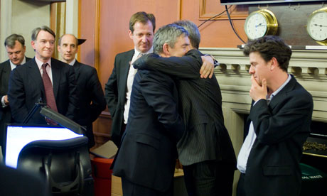 Gordon Brown saying goodbye to colleagues and staff at No 10 before resigning as prime minister.