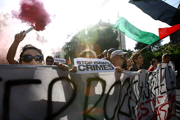Gaza flotilla activists: Pro-Palestinian activists shout as they approach the Israel embassy in Rome