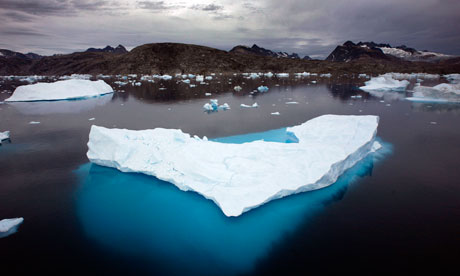 Icebergs float in a bay near Greenland
