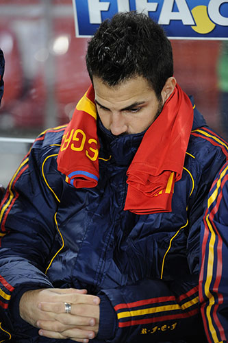 Spain v Honduras: Cesc Fabregas looks upset as he starts another game on the bench