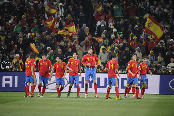 Spain v Honduras: The Spanish players celebrate after Villa scores in the 17th minute