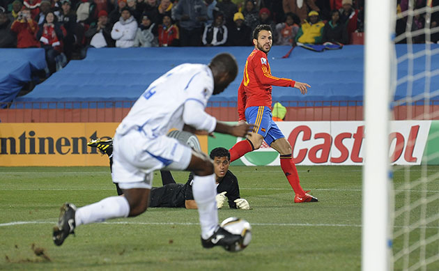 Spain versus : Cesc Fabregas sees his effort cleared off the line