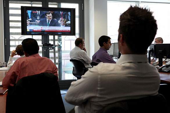 budget day: Stock Exchange Traders watch the chancellor's speech