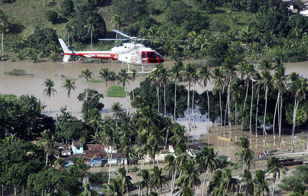 Floods in Brazil: A helicopter flies over a flooded area in Jacuipe, Brazil