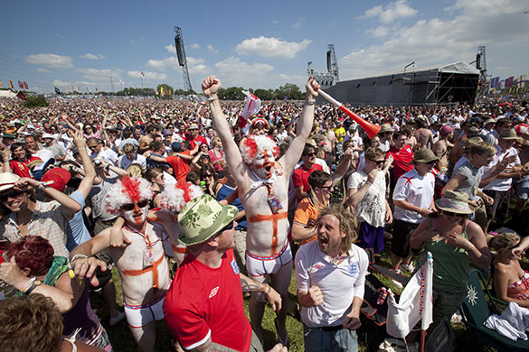 Glastonbury fans: England football fans celebrate England's goal against Slovenia
