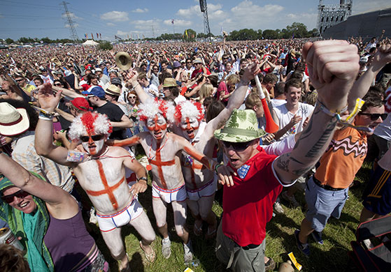 England fans: Somerset, UK: England fans at Glastonbury Festival