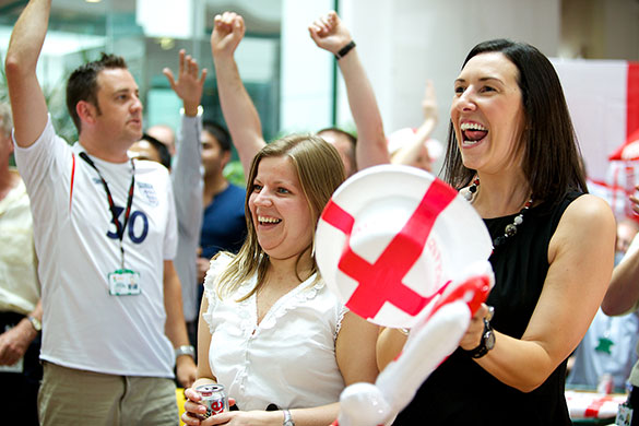 England fans: Manchester, UK: Employees at Kellogs HQ