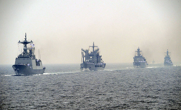 Korean War anniversary: South Korean Navy warships parade off the coast near Busan, South Korea