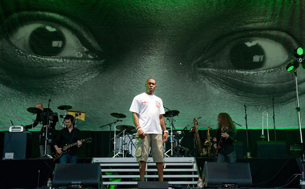 Bands: UK rapper Dizzee Rascal performs on the Pyramid stage at the Glastonbury 