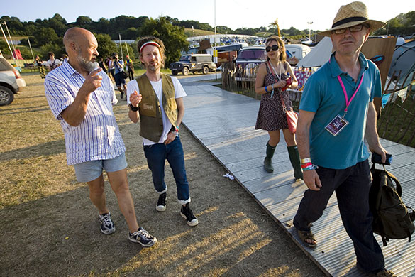 Eavis at Glastonbury: Michael Eavis with Thom Yorke backstage at the Park