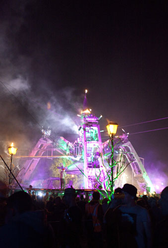 Glastonbury by night: Aquasky & The Ragga twins play drum and bass in Shangri-La.
