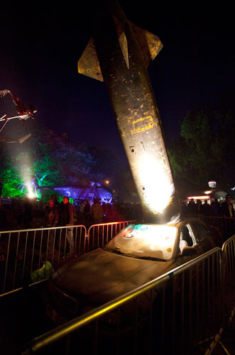 Glastonbury by night: A bombed car in Shangri-La