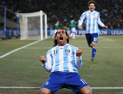 argentina v mexico: Tevez celebrates opening the scoring