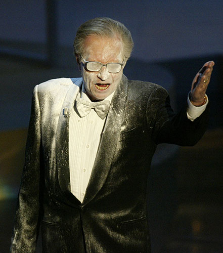 Larry King retires: 2002: Larry King doused with powder during the 54th annual Emmy Awards