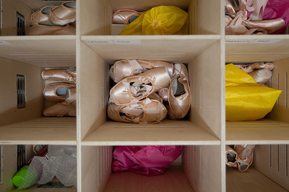 Royal Ballet in Japan: Boxes of ballet shoes backstage, during the Royal Ballet's tour of Japan