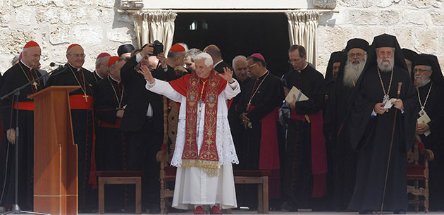 Pope in Cyprus: Pope Benedict XVI waves at the Church of Agia Kyriaki Chrysopolitissa