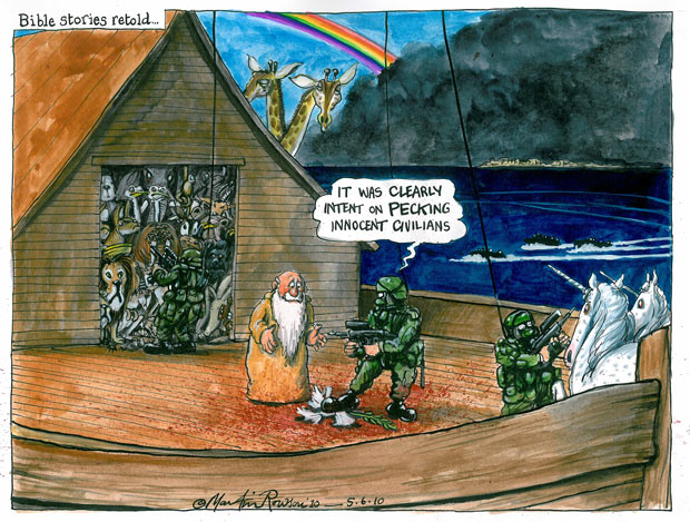 Martin Rowson cartoon on the Gaza flotilla attack - Israel defends intensity of military force after autopsy results reveal total of 30 bullets in bodies of nine protesters